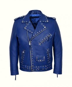 Unisex Blue Studded Biker Leather Jacket