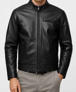 Mens Snap Tab Collar Black Biker Leather Jacket