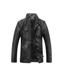 Mens Retro Black Leather Stand Collar Jacket