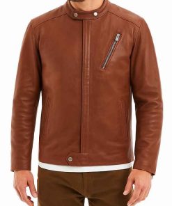 Mens Cafe Racer Retro Slim Fit Brown Leather Jacket