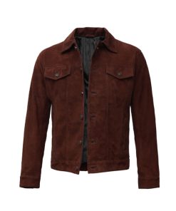 Mens Dark Brown Suede Leather Trucker Jacket