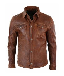 Men’s Retro Brown Shirt Style Leather Jacket