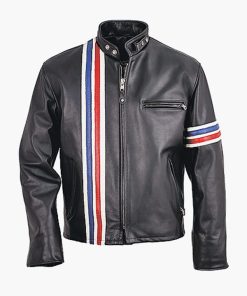 Mens Striped Black Leather Motorcycle Jacket