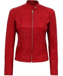 Women’s Red Quilted Cafe Racer Motorcycle Jacket