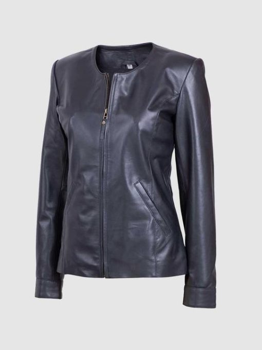 Womens Black Leather Collarless Style Jacket