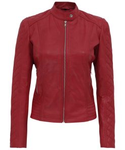 Red Quilted Cafe Racer Leather Jacket for Women