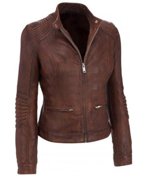 Vintage Motorcycle Leather Brown Jacket for Women