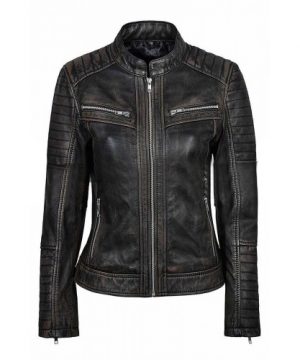 Women's Distressed Biker Leather Jacket in Black