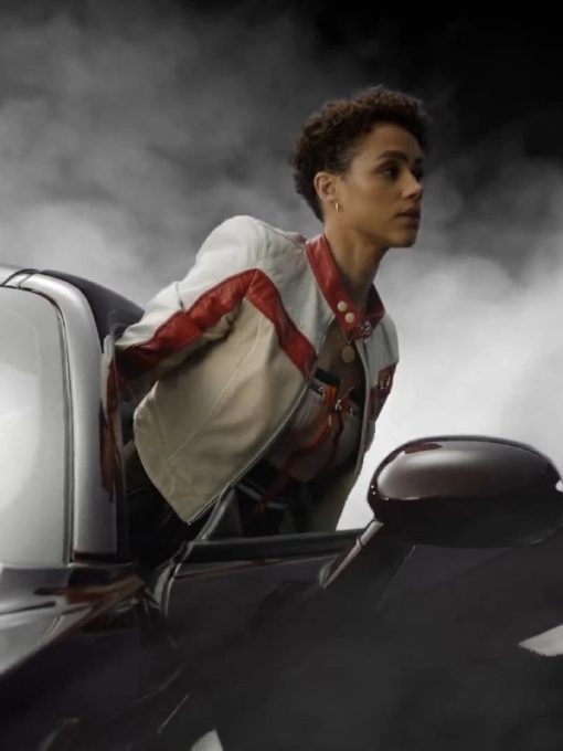 Order Nathalie Emmanuel Fast X 2023 Ramsey White Leather Jacket With Red Stripes