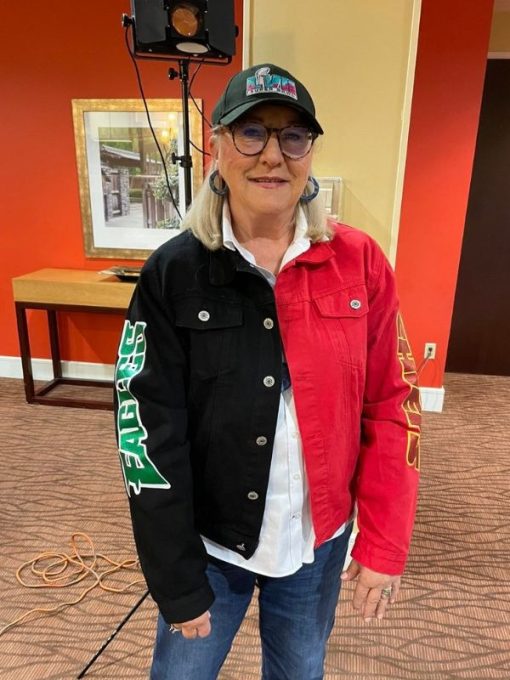 Travis And Jason Kelce Mom Donna Kelce Chiefs And Eagles Split Super Bowl Denim Jacket