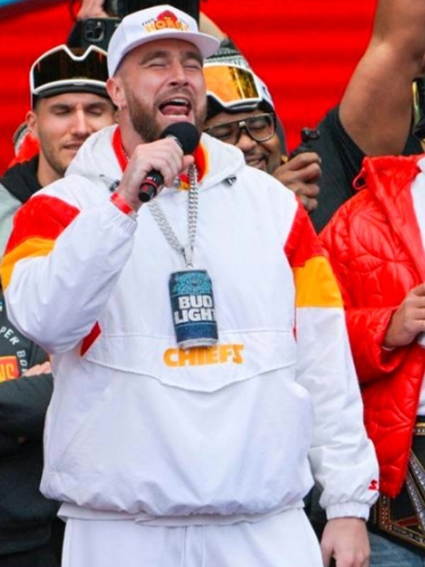Travis Kelce Chiefs Super Bowl Celebration White Hooded Jacket