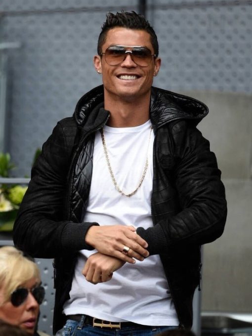 Cristiano Ronaldo Black Leather Bomber Jacket