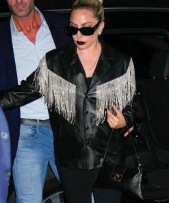 Saturday Night Live Afterparty Lady Gaga Crystal Fringe Leather Jacket - Black