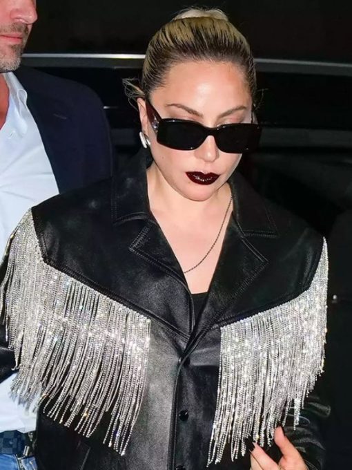 Saturday Night Live Afterparty Lady Gaga Crystal Fringe Leather Jacket