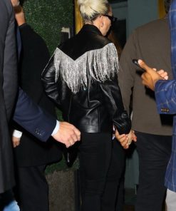 Saturday Night Live Afterparty Lady Gaga Crystal Fringe Leather Jacket - Black