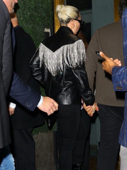 Saturday Night Live Afterparty Lady Gaga Crystal Fringe Leather Jacket - Black