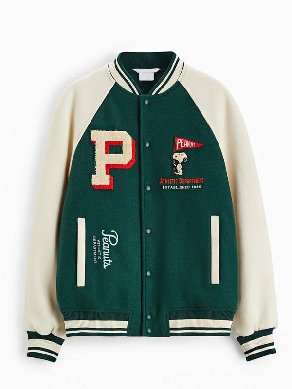 Peanuts Snoopy Bomber Jacket Snoopy Motifs Patch Varsity Green