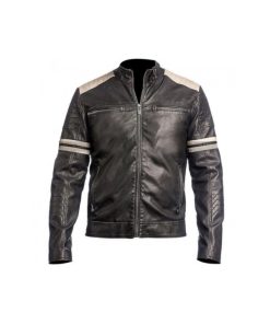 Mens Motorcycle White Stripes Black Leather Jacket