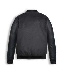 Black Wool Varsity Bomber Leather Jacket for Mens