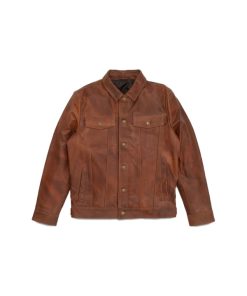 Men Goatskin Plain Brown Trucker Leather Jacket