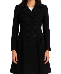 Womens Black Double Breasted Wool Trench Coat_11zon