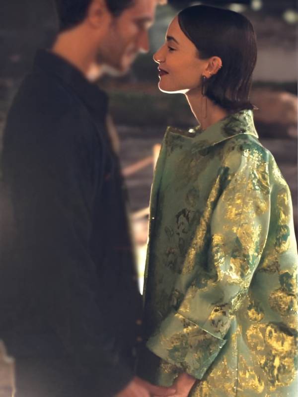 Emily In Paris S5 Lily Collins Green Floral Jacquard Coat