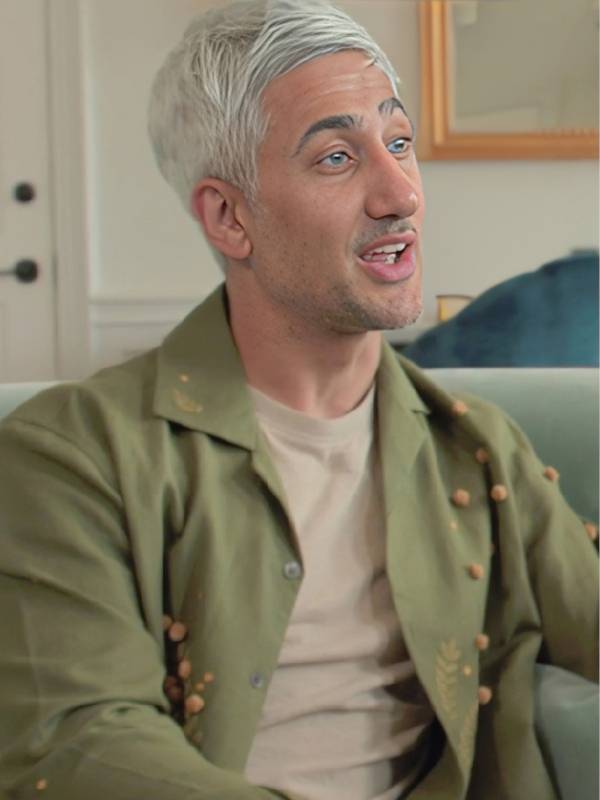 Queer Eye 2026 Tan France Khaki Embroidered Shirt Tan France TV Series Queer Eye 2026 Floral Embroidered Shirt