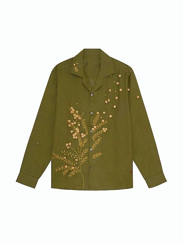 Tan France TV Series Queer Eye 2026 Floral Embroidered Shirt Queer Eye 2026 Tan France Khaki Embroidered Shirt